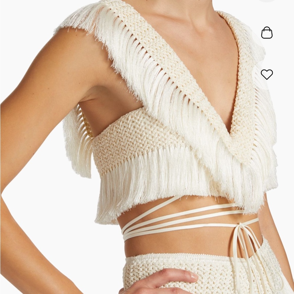 PatBO Cream Fringe Crop Top
